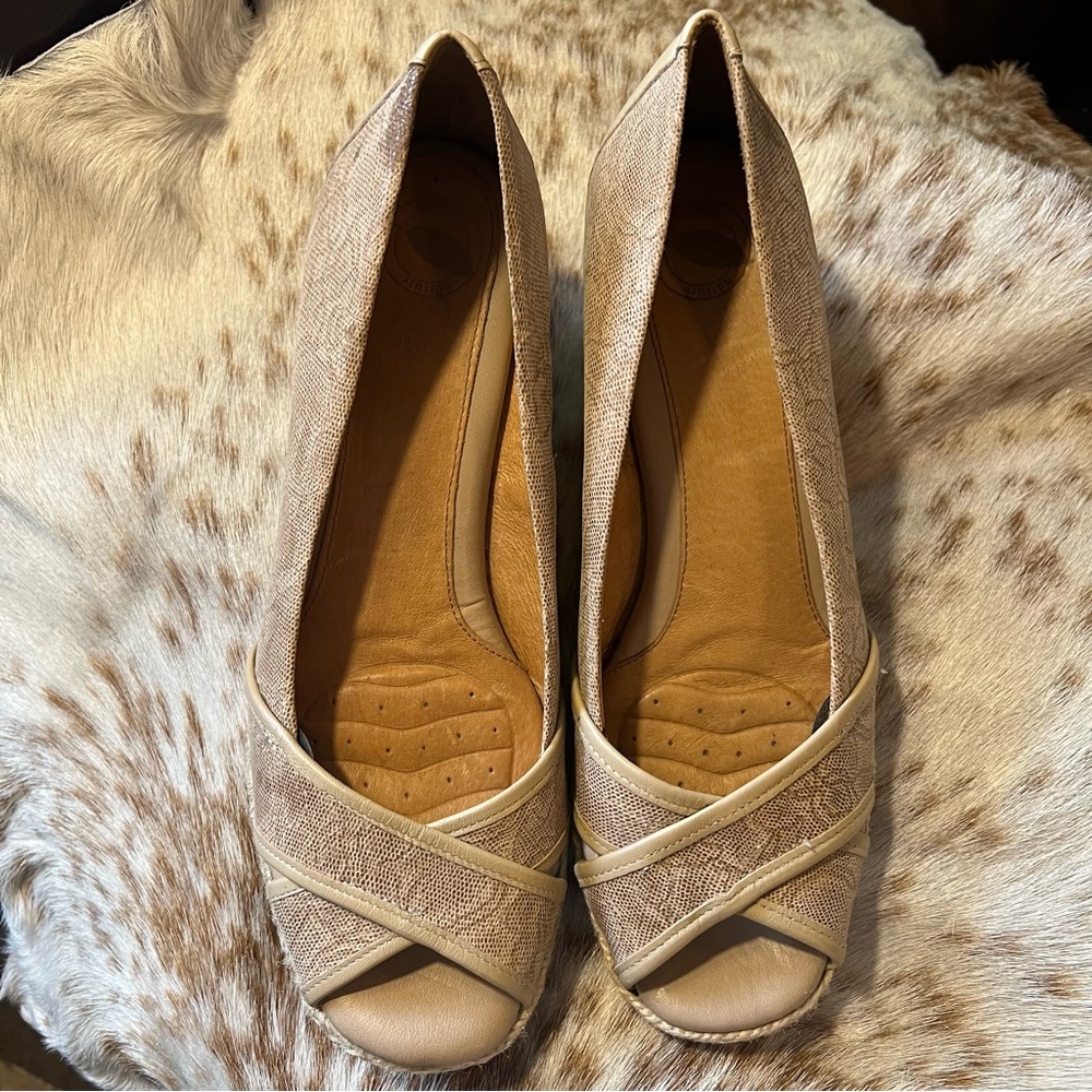 Lightly used tan lace wedge sandals